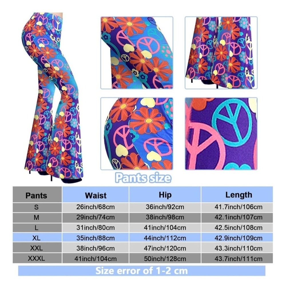 Groovy 60's Flower Power Hippie Bell‎ Bottom Pants And Glass Adult Costume XL - Picture 4 of 8